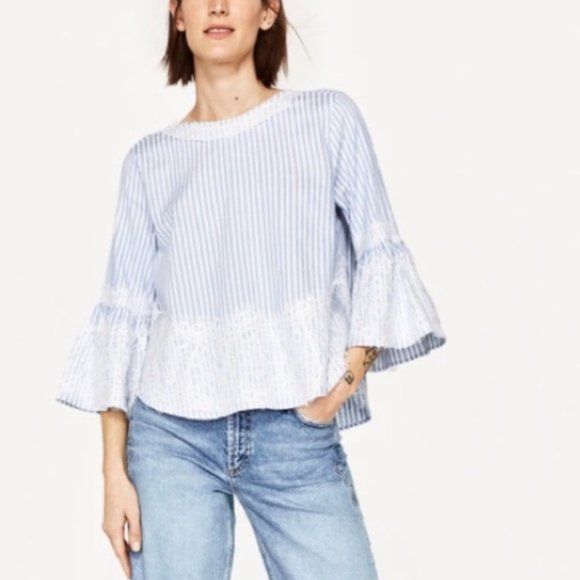 ZARA Striped Blue White Blouse Top Lace Detail - Picture 13 of 14